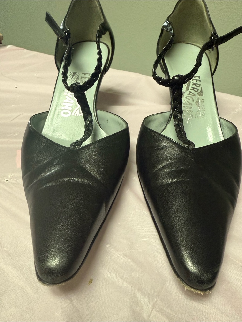 Salvatore Ferragamo Black Braided T-Strap Pointed Leather Heels - Picture 2 of 4